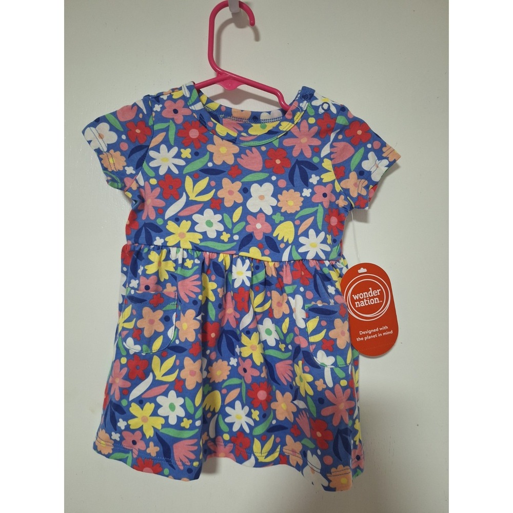 Wonder Nation Baby Girls Dress Size 6-9M NWT Short Sleeve Blue Floral Pocket